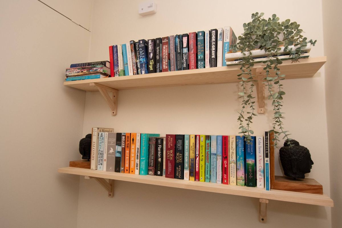 Two wooden shelves packed with paperbacks, with a plant and two small stone heads