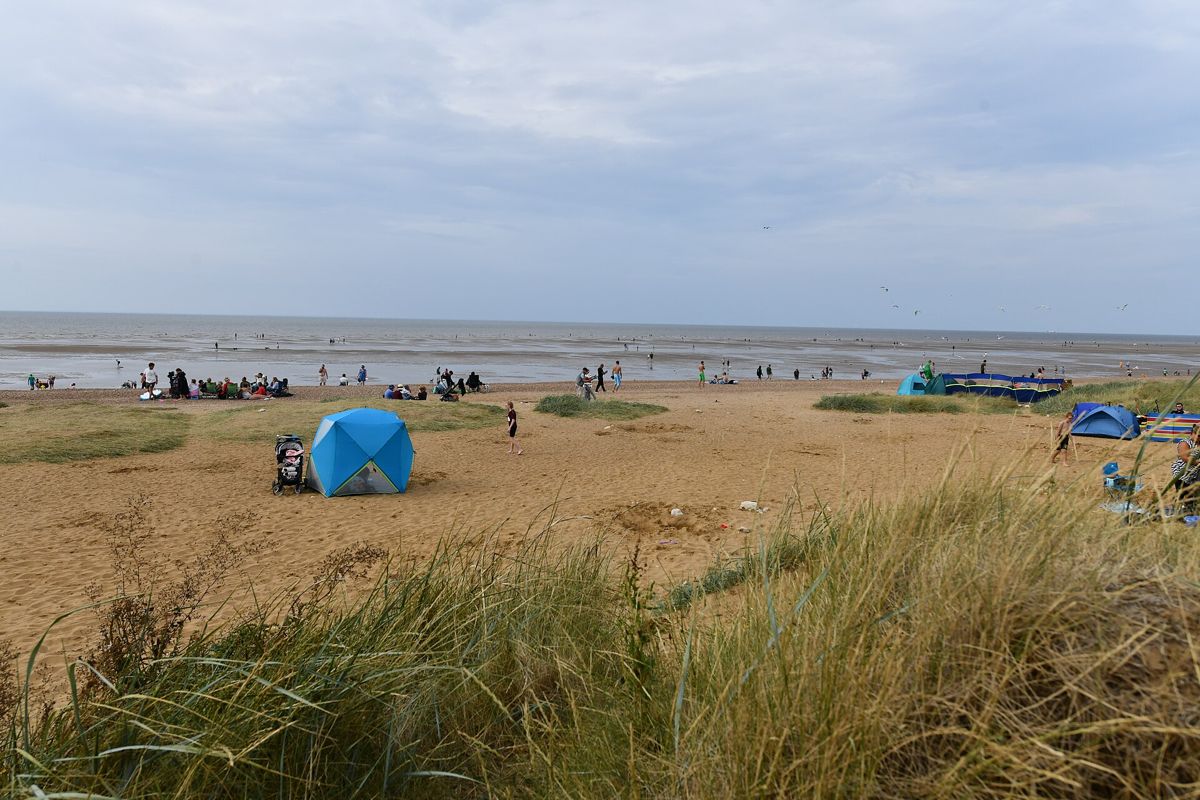 Families with windbreaks and beach shelters on the sands at Old Hunstanton, seen past marram grass on the dunes.